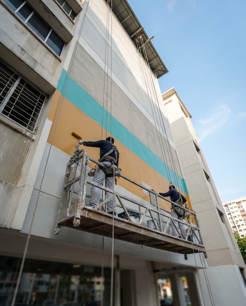 Painters on a gondola repainting a building facade