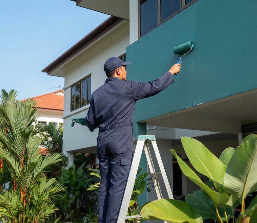 Painter rolling an exterior wall of a Singapore building
