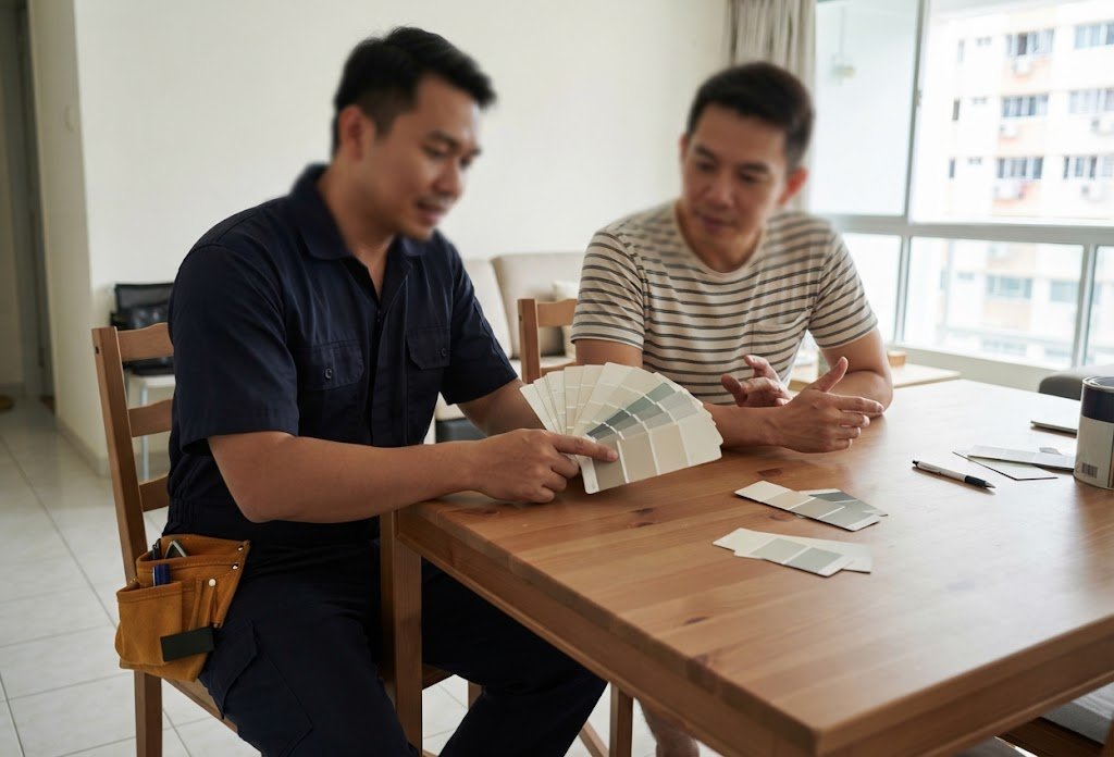 Painter discussing colour samples with a homeowner